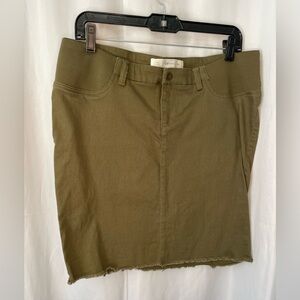 Olive Green Denim Maternity Skirt, Ripe, Medium. Stretch elastic waist.